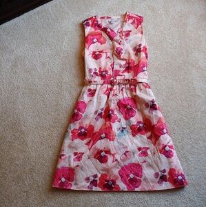 LOFT pink & cream floral midi dress w/belt